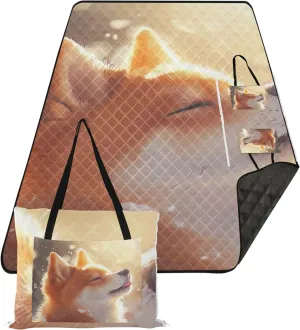 CHIFIGNO Sunlit Shiba Inu Winter Glow Beach Blanket Sandproof Waterproof Packable Camping Blanket Cute Picnic Essentials Foldable 80" x 60"