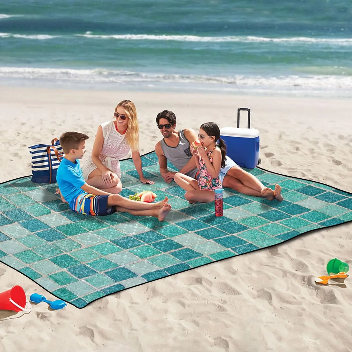 CHIFIGNO Turquoise Lattice Geometry Waterproof Beach Blanket Oversized Grass Blanket Camping Mat Picnic Supplies Foldable Mat 80" x 60"