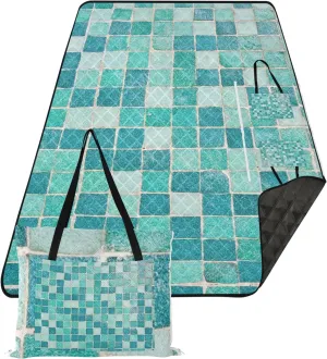 CHIFIGNO Turquoise Lattice Geometry Waterproof Beach Blanket Oversized Grass Blanket Camping Mat Picnic Supplies Foldable Mat 80" x 60"