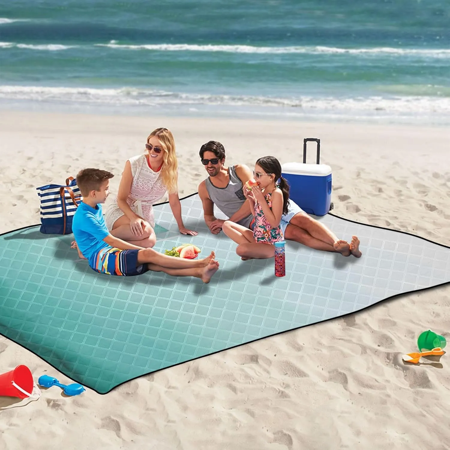 CHIFIGNO Turquoise Watercolor Ombre Waterproof Beach Blanket Sand Proof Picnic Accessories Foldable Floral Outdoor Camping Mat 80" x 60"