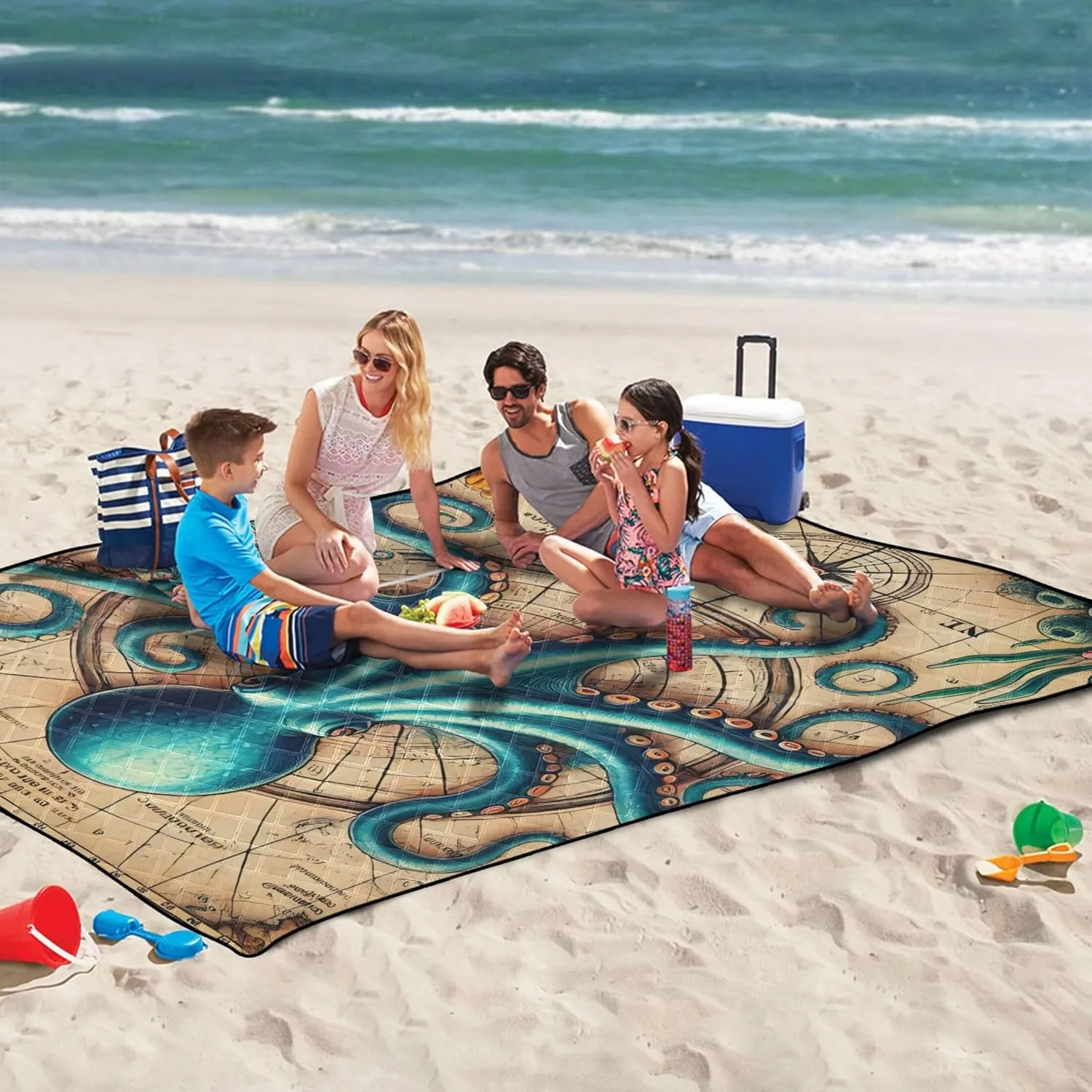 CHIFIGNO Whimsical Octopus Maritime Print Beach Blankets Waterproof Sandproof, Print Camping Blankets for Grass Picnic Supplies Foldable Mat, 80" x 60"