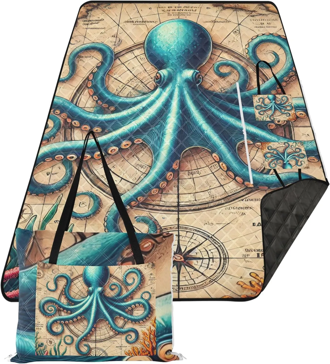 CHIFIGNO Whimsical Octopus Maritime Print Beach Blankets Waterproof Sandproof, Print Camping Blankets for Grass Picnic Supplies Foldable Mat, 80" x 60"