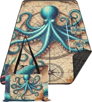 CHIFIGNO Whimsical Octopus Maritime Print Beach Blankets Waterproof Sandproof, Print Camping Blankets for Grass Picnic Supplies Foldable Mat, 80" x 60"