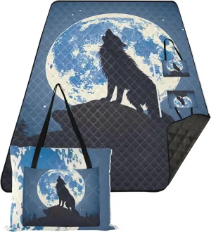 CHIFIGNO Wolf Moonlight Howl Beach Blankets Waterproof Sandproof Grass Blanket Camping Mat Cute Picnic Blanket Mat Foldable 80" x 60"