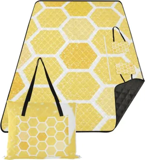 CHIFIGNO Yellow Honeycomb Beach Mat Waterproof Sandproof Cute Picnic Blanket Mat Foldable Outdoor Playmat Camping Blanket 80" x 60"
