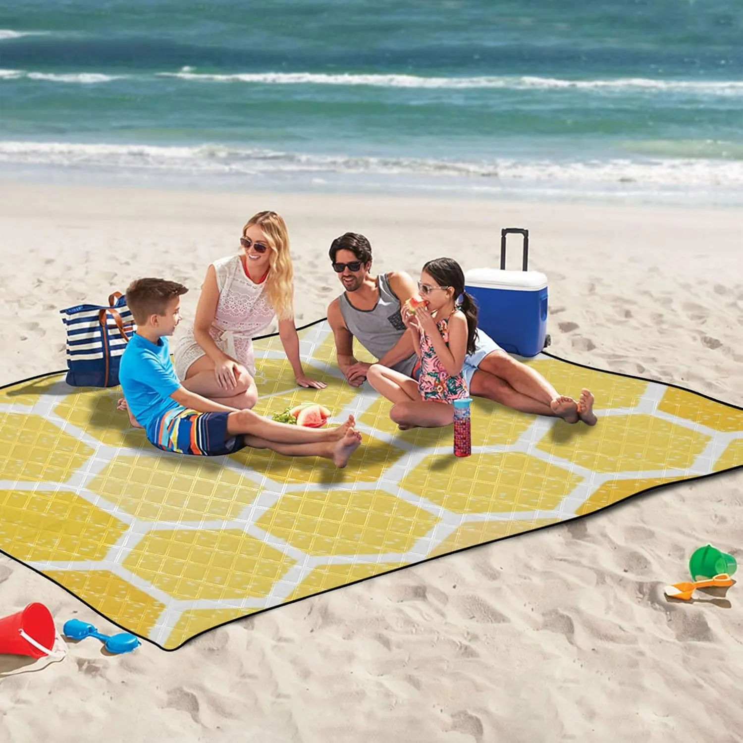 CHIFIGNO Yellow Honeycomb Beach Mat Waterproof Sandproof Cute Picnic Blanket Mat Foldable Outdoor Playmat Camping Blanket 80" x 60"
