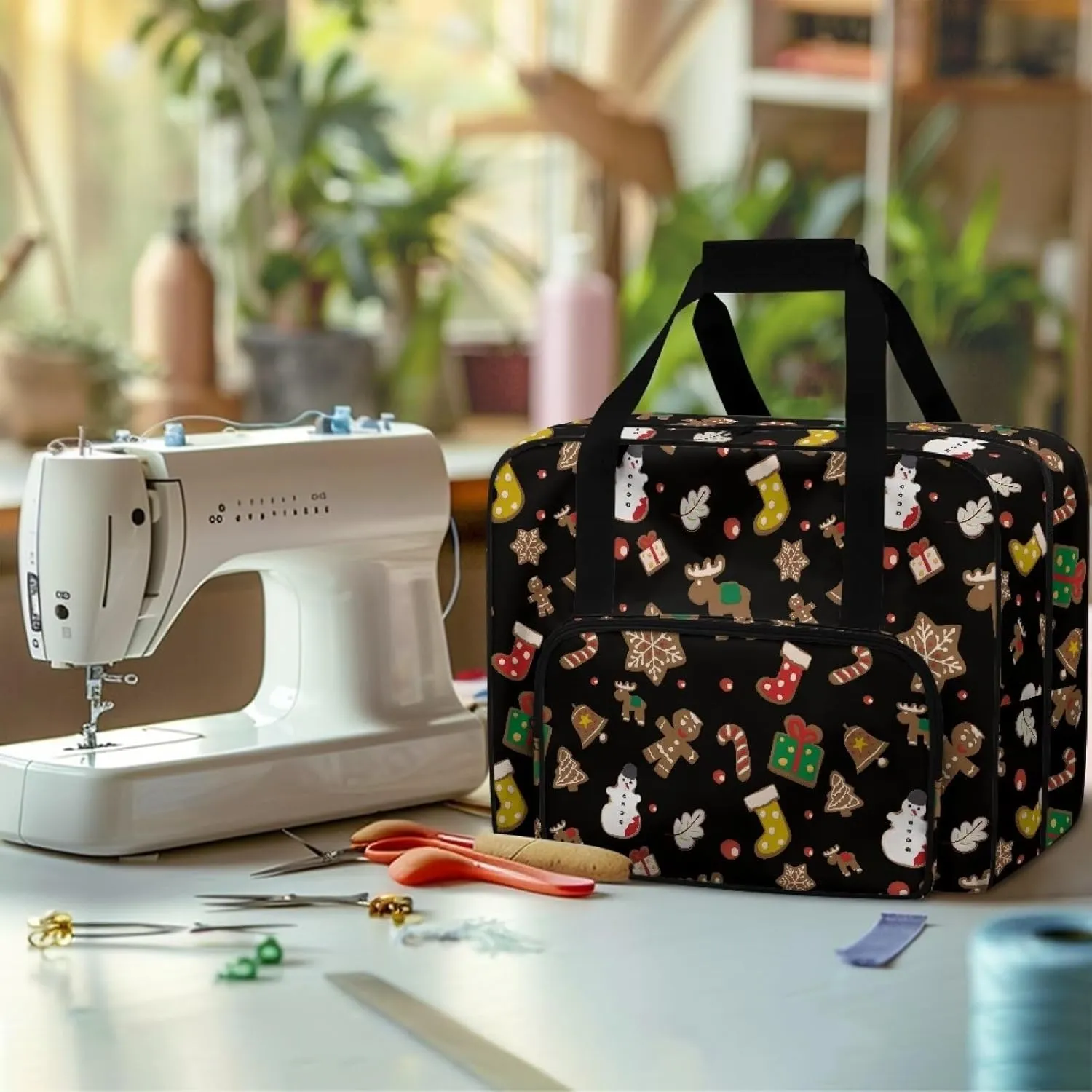 Christmas Sewing Machine Handbag Suitcase Travel Storage Bag Sewing Machine Carrying Case with Pockets, Portable Sewing Case for Outdoor Traveling Camping Use