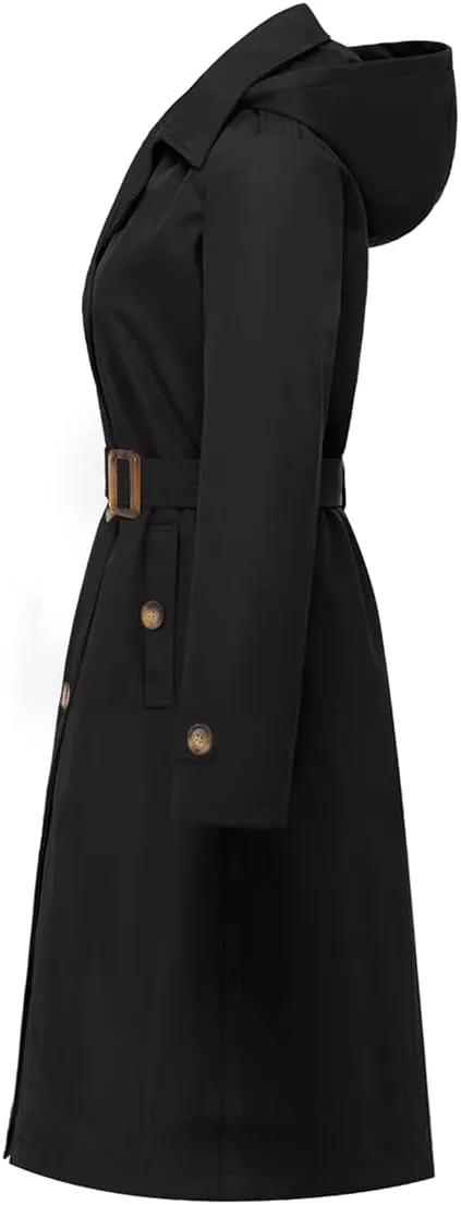 Chrisuno Women's Double Breasted Long Trench Coats Mid-Length Belted Overcoat Dress Jacket with Detachable Hood