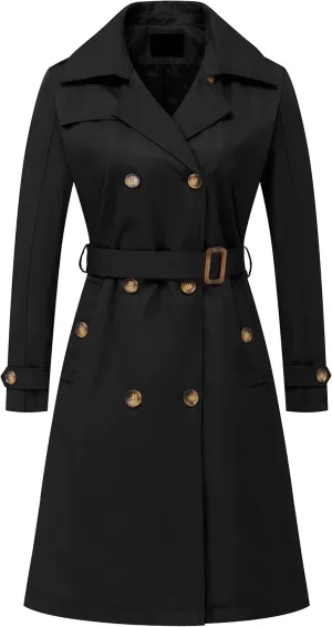 Chrisuno Women's Double Breasted Long Trench Coats Mid-Length Belted Overcoat Dress Jacket with Detachable Hood