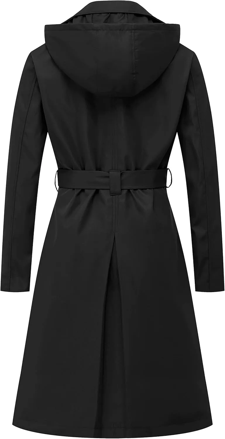 Chrisuno Women's Double Breasted Long Trench Coats Mid-Length Belted Overcoat Dress Jacket with Detachable Hood