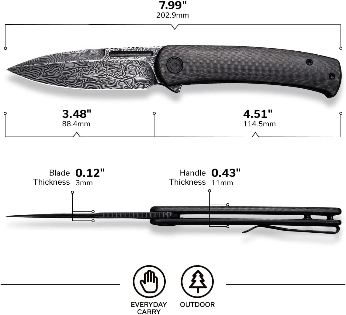 CIVIVI Cetos Folding Knife, 3.48-in Damascus Blade Spear Point with Twill Carbon Fiber Scale Flipper Knife Frame Lock, Pocket EDC Outdoor Knives for Camping, Hiking, Hunting C21025B-DS1