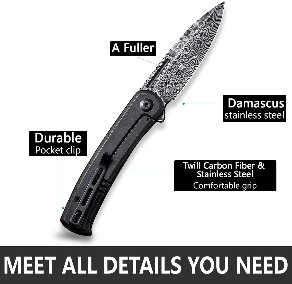 CIVIVI Cetos Folding Knife, 3.48-in Damascus Blade Spear Point with Twill Carbon Fiber Scale Flipper Knife Frame Lock, Pocket EDC Outdoor Knives for Camping, Hiking, Hunting C21025B-DS1