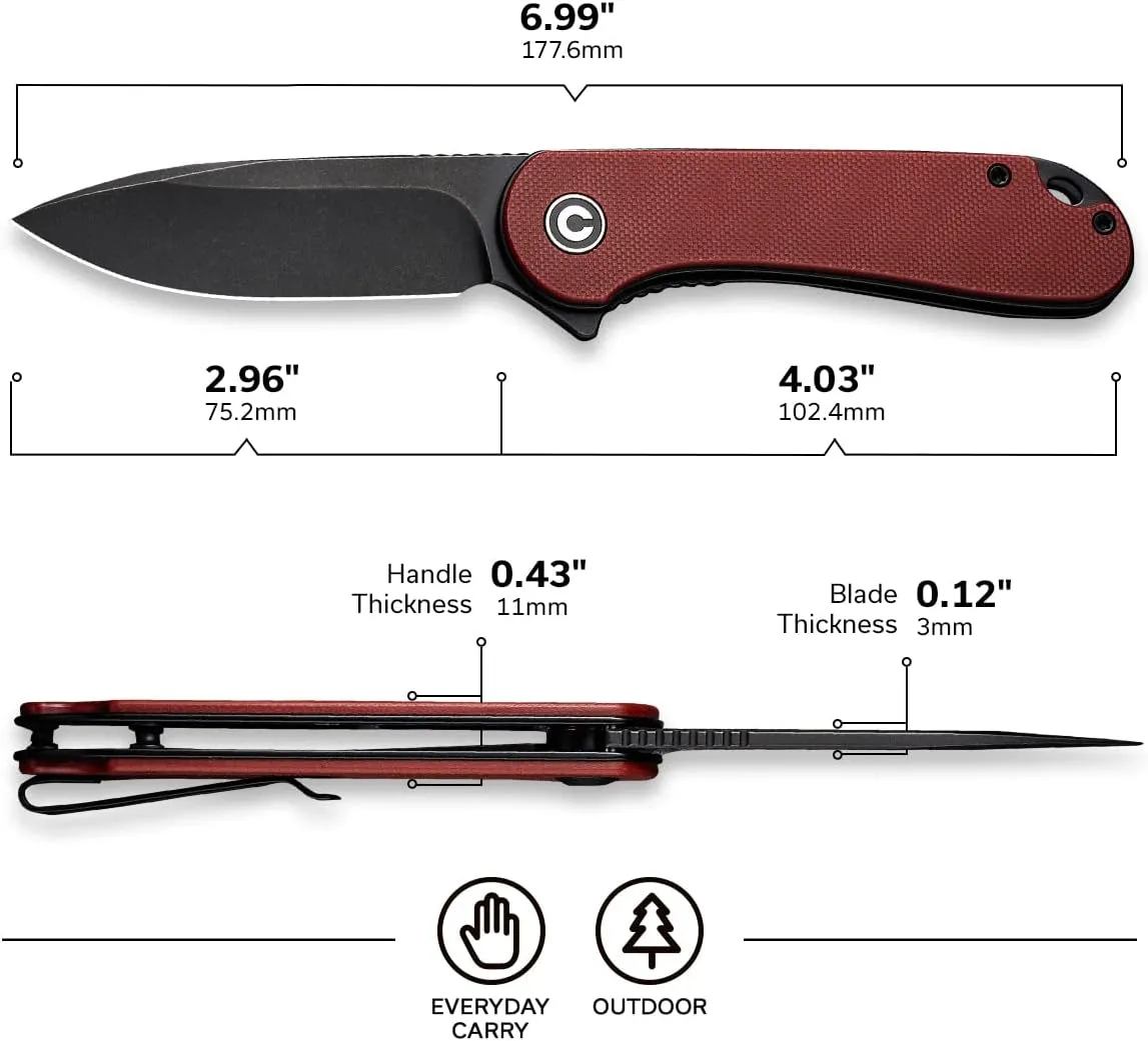 CIVIVI Elementum Pocket Folding Knife,Black Stonewashed D2 Blade Burgundy G10 Handle, Good for EDC Outdoor C907A-1