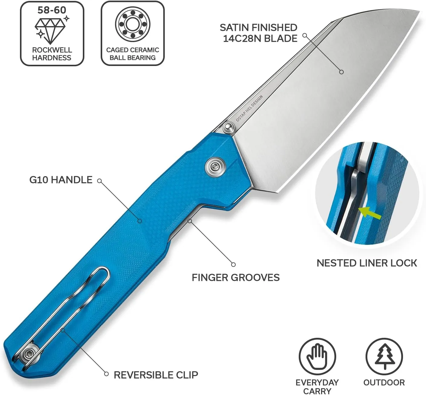 CIVIVI Hid Folding Pocket Knife, 4.14" Swedish 14C28N Blade G10 Handle Nested Liner Lock Kitchen Knife with Thumb Stud Opener, Ideal for Outdoor Use Camping Hiking and EDC C23008-5, Blue
