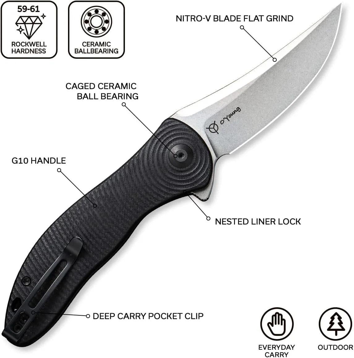 CIVIVI Pocket Folding Knife For EDC, 3.24" Nitro-V Stonewashed Trailing Point Blade, Jim O’Young Synergy 3 Liner Lock Knife C20075A-1
