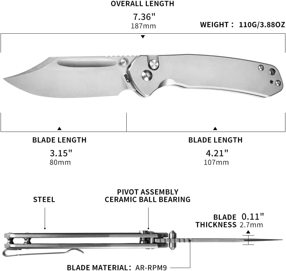 CJRB Bowie Pyrite Pocket Knife, Folding Knife with 3.15'' AR-RPM9 Steel Blade, Hunting Knife with Clip Steel Handle for EDC, Camping, Survival - Suitable for Men & Women J1942