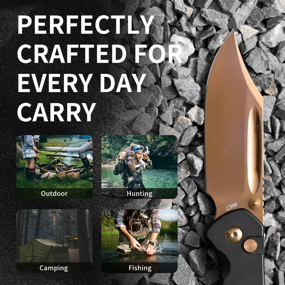 CJRB Bowie Pyrite Pocket Knife, Folding Knife with 3.15'' AR-RPM9 Steel Rose Gold Blade, Hunting Knife with Clip Steel Handle for Camping, Survival - Suitable for Men & Women - J1942