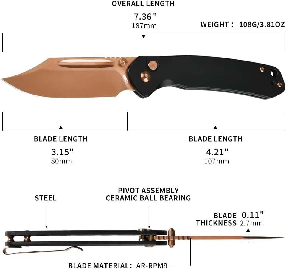 CJRB Bowie Pyrite Pocket Knife, Folding Knife with 3.15'' AR-RPM9 Steel Rose Gold Blade, Hunting Knife with Clip Steel Handle for Camping, Survival - Suitable for Men & Women - J1942