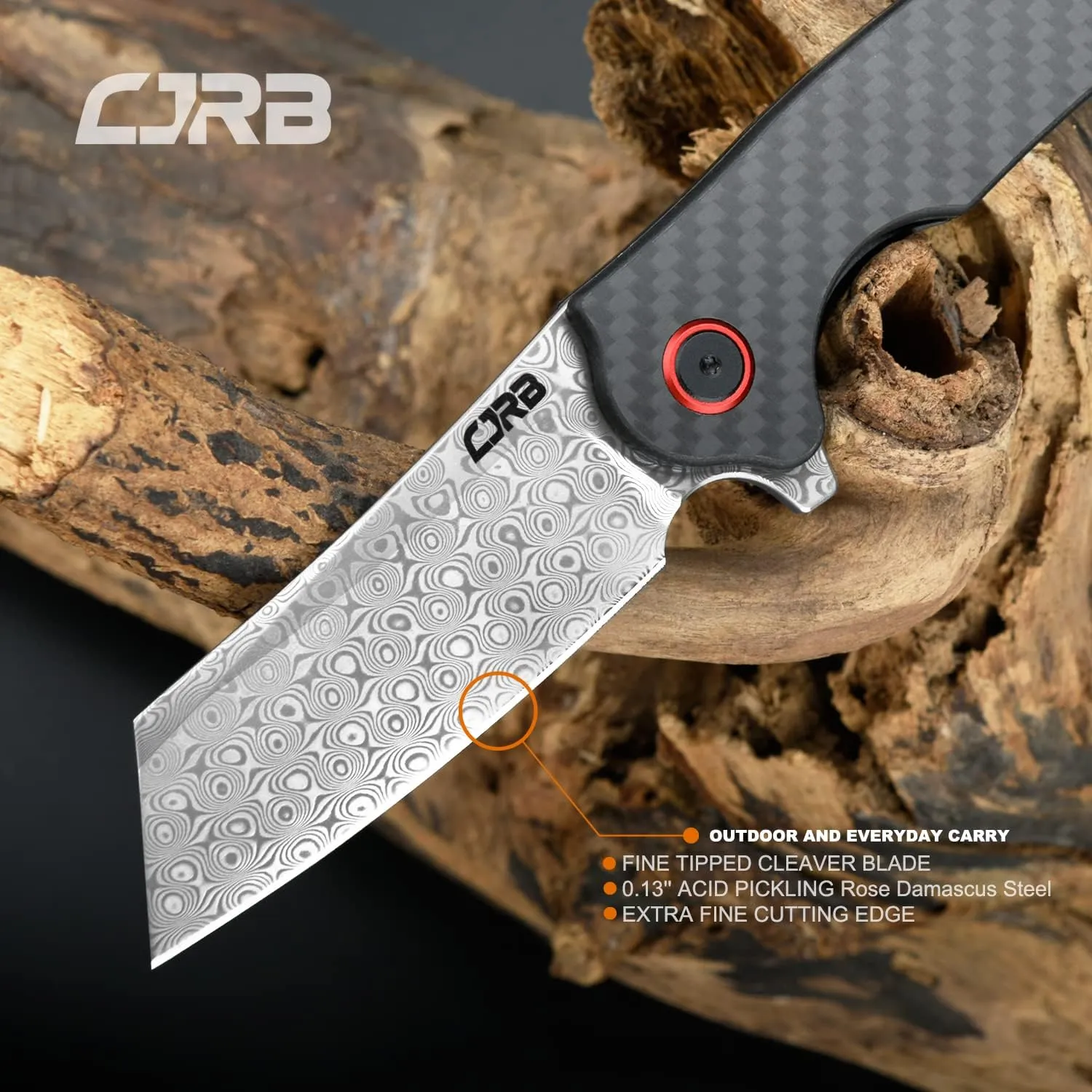 CJRB Crag Folding Pocket Knife, 3.43" Rose Damascus steel Blade Carbon Fiber Handle EDC Knife with Pocket Clip for Men Women Camping Survival Hiking, Damascus (J1904)