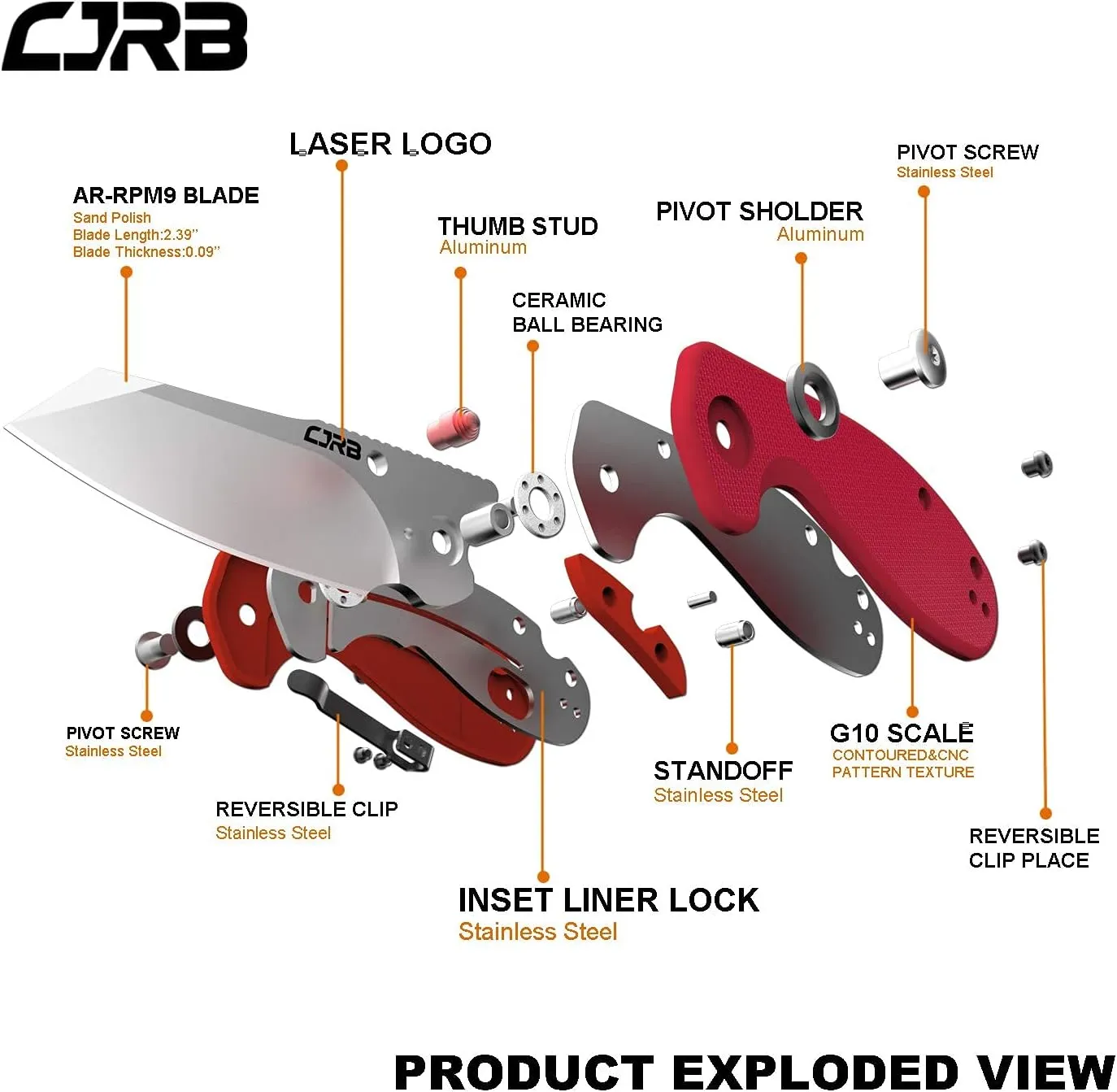 CJRB Folding Pocket Knife Maileah Tactical Knife with AR-RPM9 Powder Steel Balde and G10 Small Tactical Pocket Knife EDC for outdoor survival hunting camping J1918 (Red)