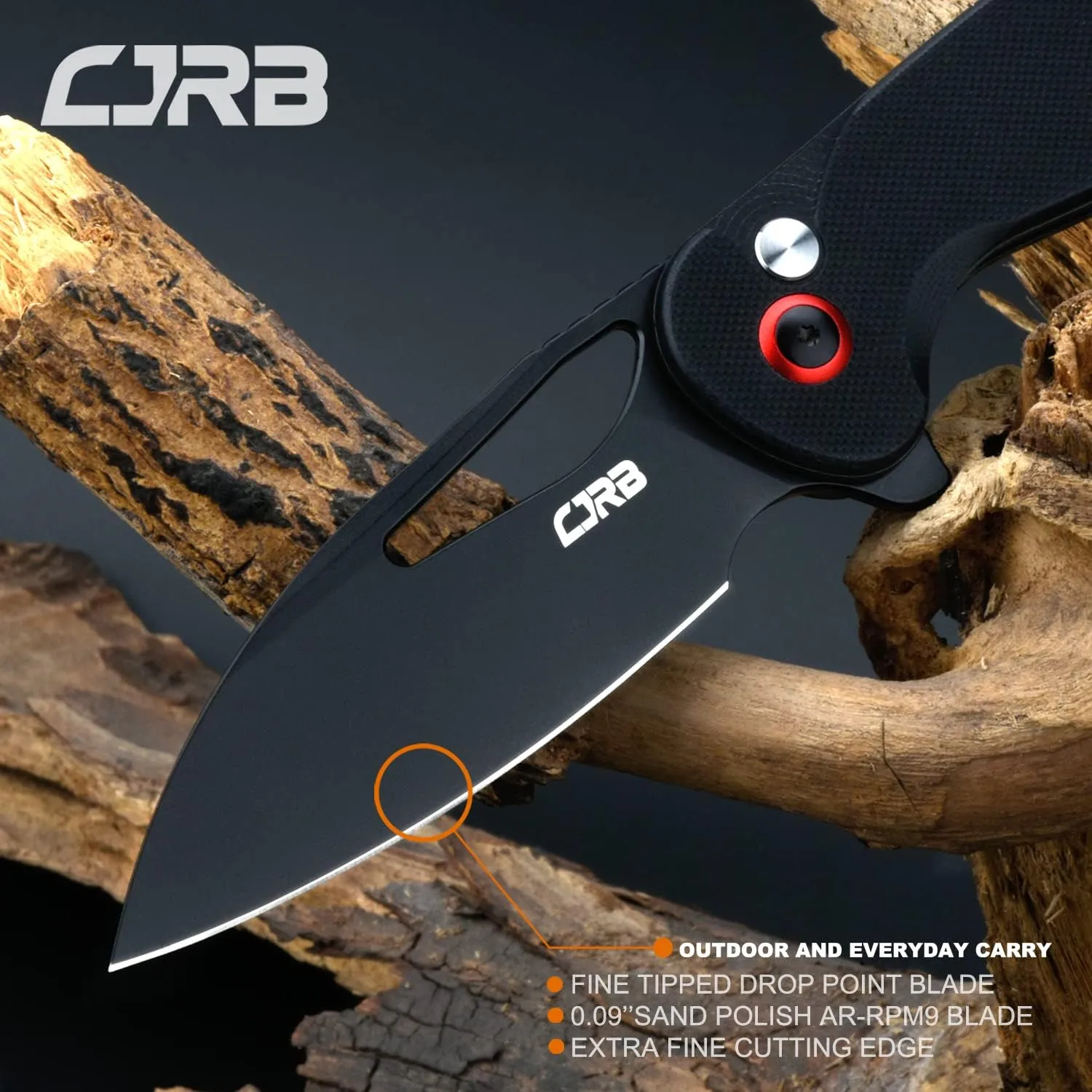 CJRB LAGO Folding Pocket Knife with 3.41'' Black PVD AR-RPM9 Blade Black G10 Handle,Button Lock EDC Knife for Tactical,Outdoor,Hiking and Gift
