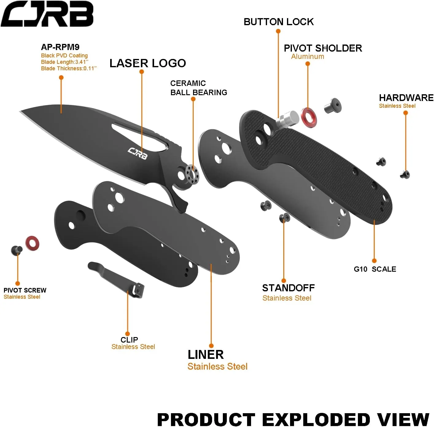 CJRB LAGO Folding Pocket Knife with 3.41'' Black PVD AR-RPM9 Blade Black G10 Handle,Button Lock EDC Knife for Tactical,Outdoor,Hiking and Gift