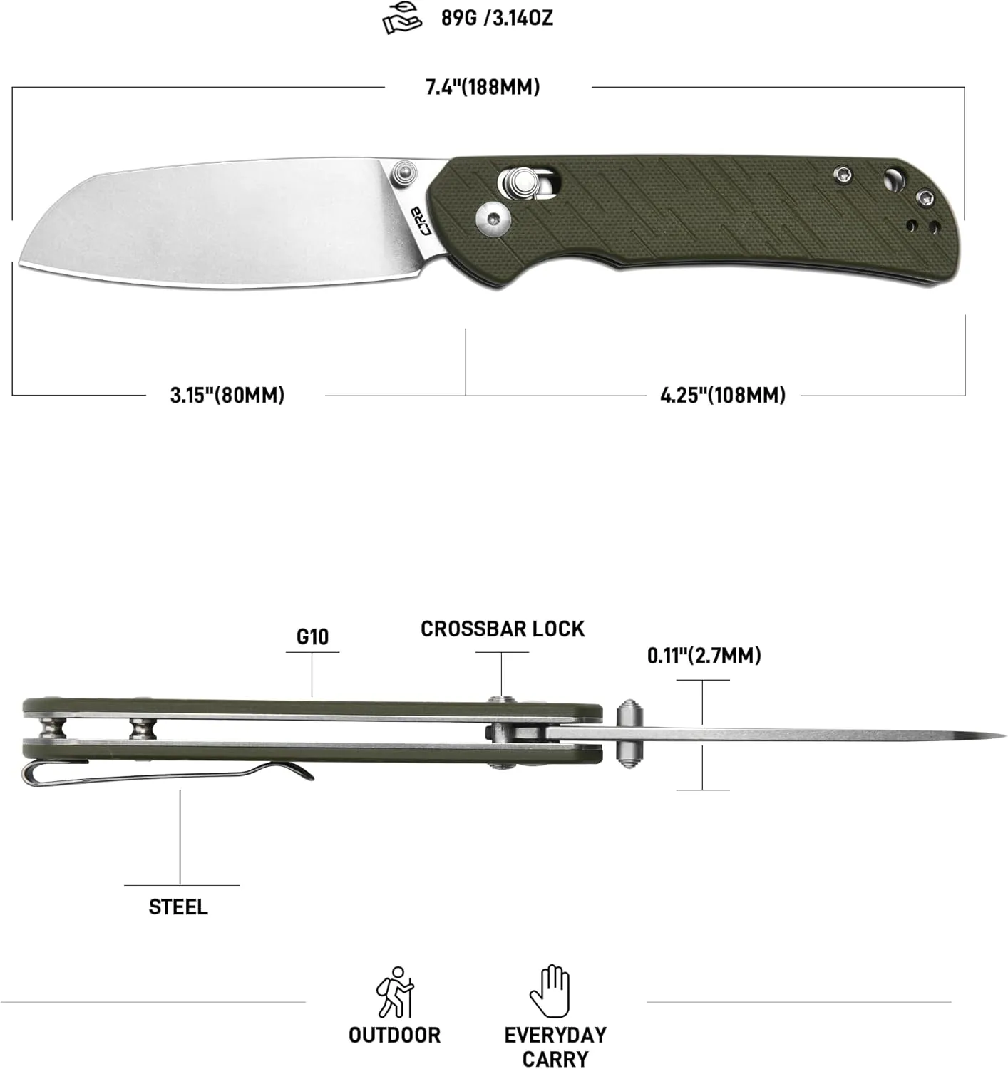 CJRB Lyrid Folding Knife, 3.15'' AR-RPM9 Steel Blade with G10 Handle, Crossbar Lock Sharp EDC Knife for Men Women Camping Survival Hiking(J1953 Green)