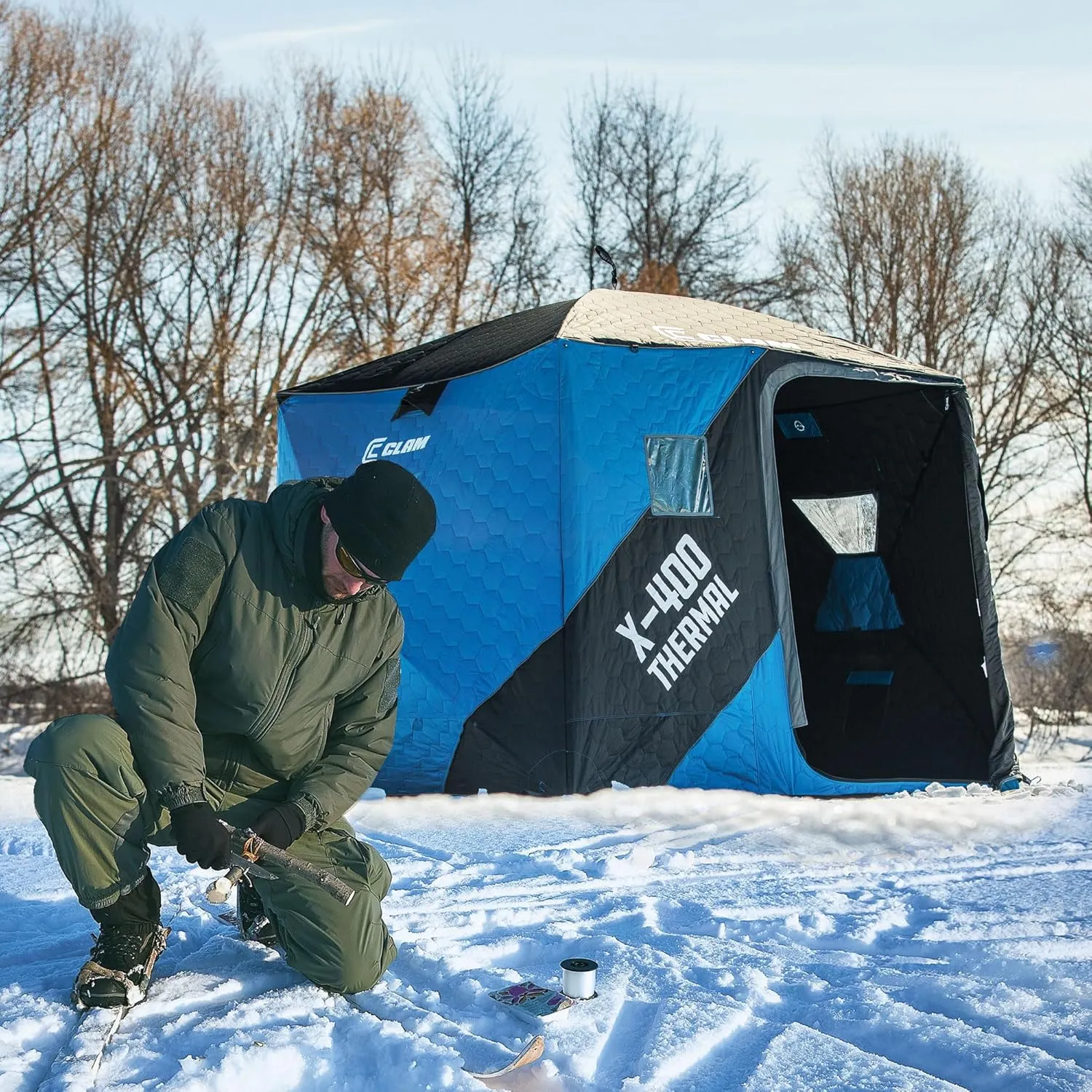 CLAM Portable Fishing Angler Thermal Hub Shelter Tent with Anchor Straps, Carrying Bag