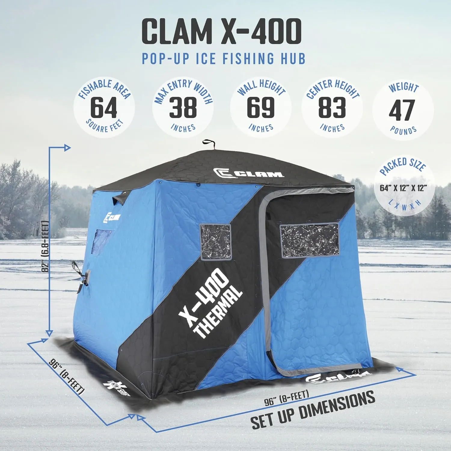 CLAM Portable Fishing Angler Thermal Hub Shelter Tent with Anchor Straps, Carrying Bag