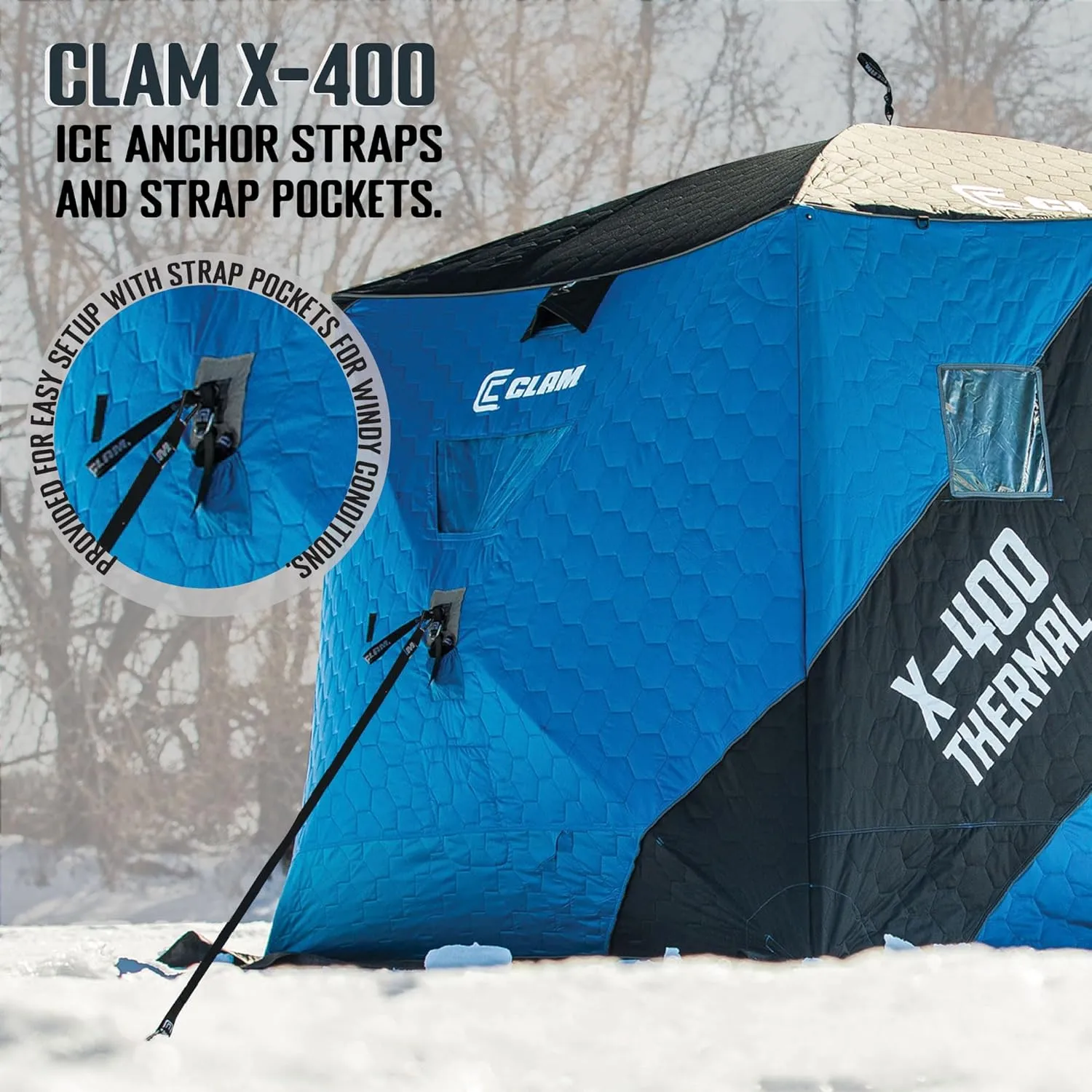 CLAM Portable Fishing Angler Thermal Hub Shelter Tent with Anchor Straps, Carrying Bag