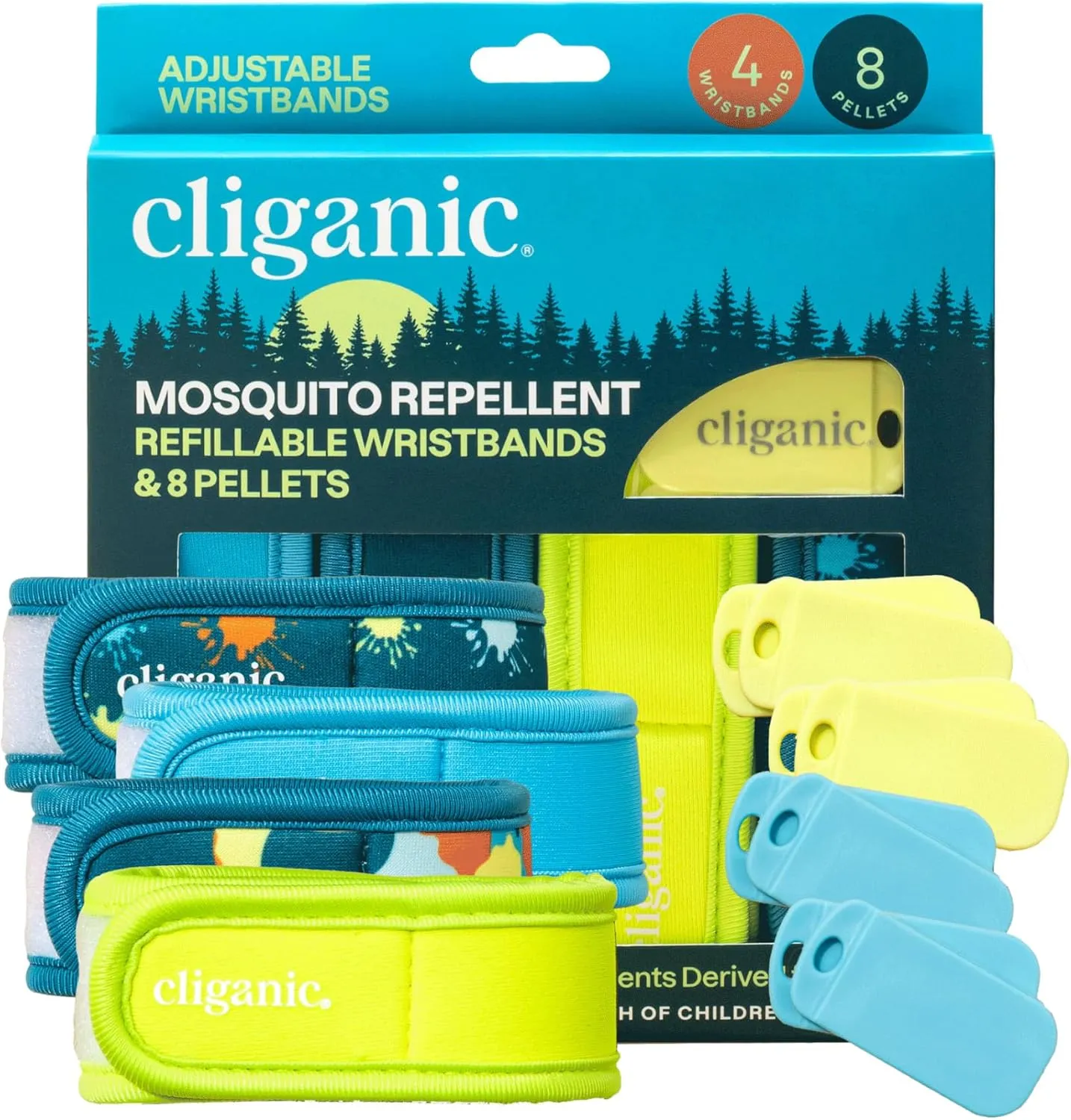 Cliganic Mosquito Repellent Pack (4 Wristbands   8 Refill Pellets) - Adjustable, Natural DEET-Free, Essential Oil Infused