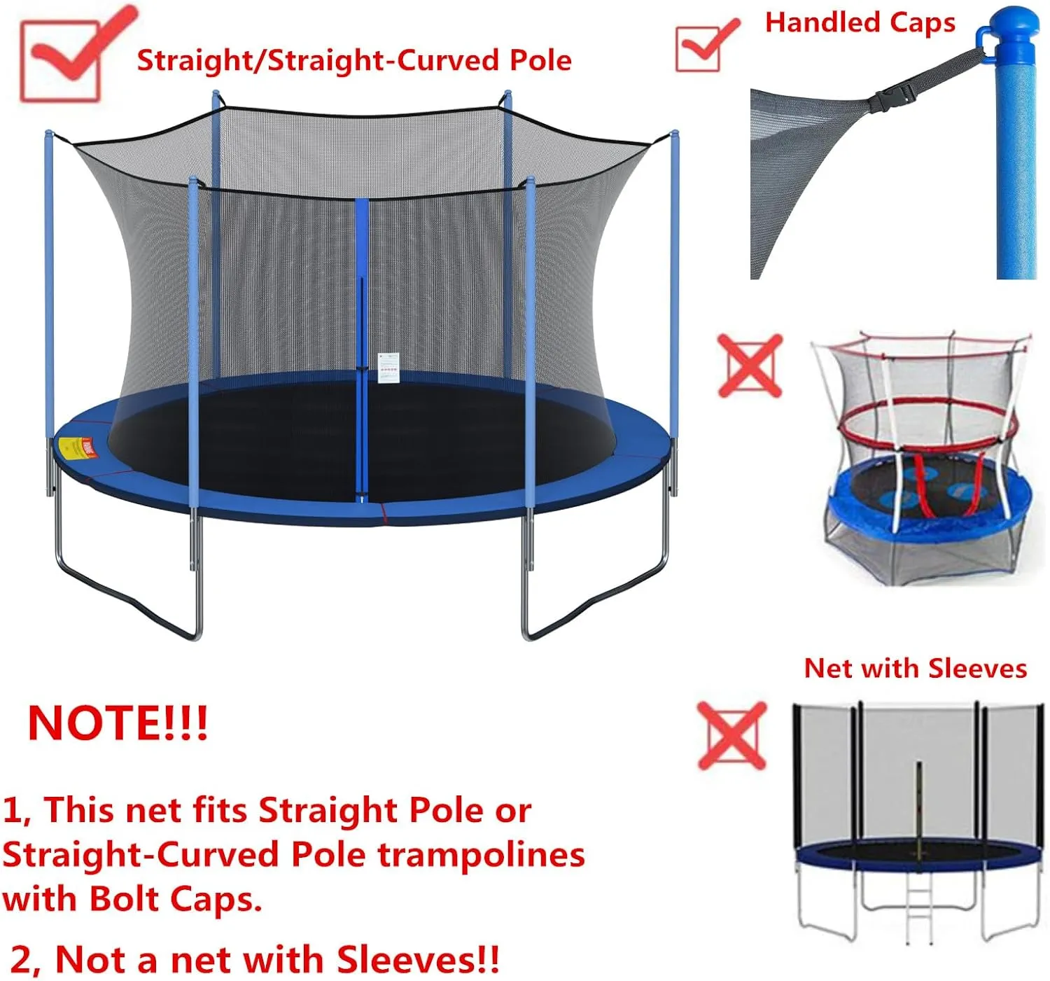 Cliselda Trampoline Replacement Safety Net for 6 Straight Poles Round Frame Trampolines, Breathable and Weather-Resistant, with Adjustable Straps, Zippers, Protection Buckles(Net Only)