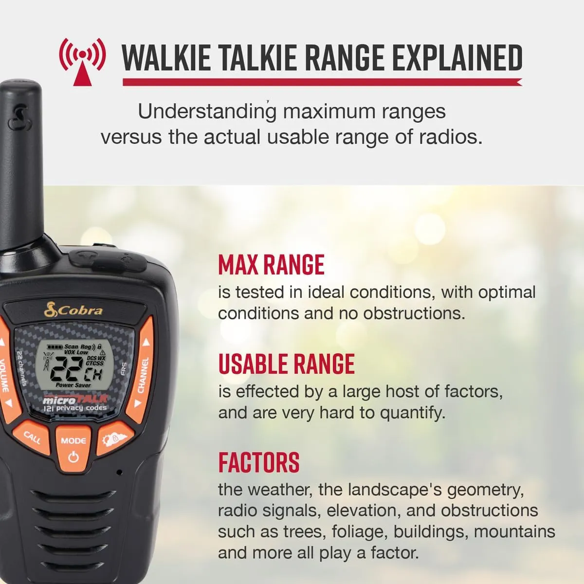 Cobra ACXT390 Walkie Talkies - Rechargeable, Lightweight, 22 Channels, 23-Mile Range Two-Way Radios with VOX (2-Pack)