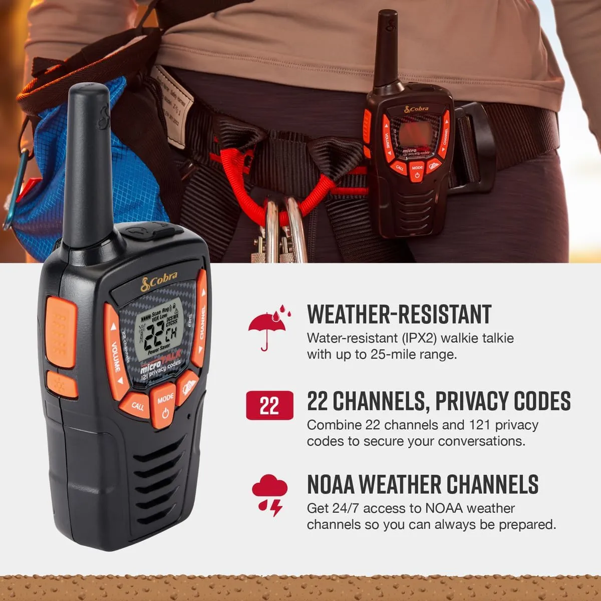 Cobra ACXT390 Walkie Talkies - Rechargeable, Lightweight, 22 Channels, 23-Mile Range Two-Way Radios with VOX (2-Pack)