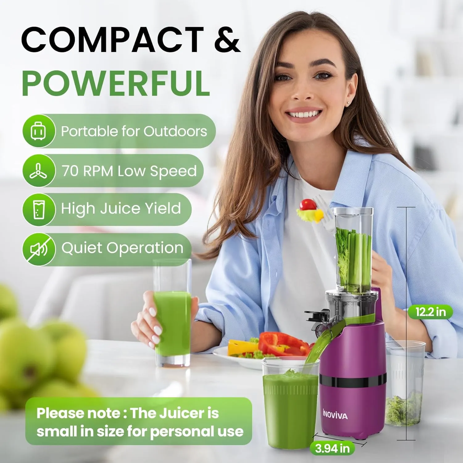 Cold Press Juicer, INOVIVA Masticating Juicer Machines Compact, Slow Juicer with 70 RPM Low Speed, Juice Maker for Vegetable & Fruit, Portable Juice Extractor High Juice Yield & Easy to Clean, Pink