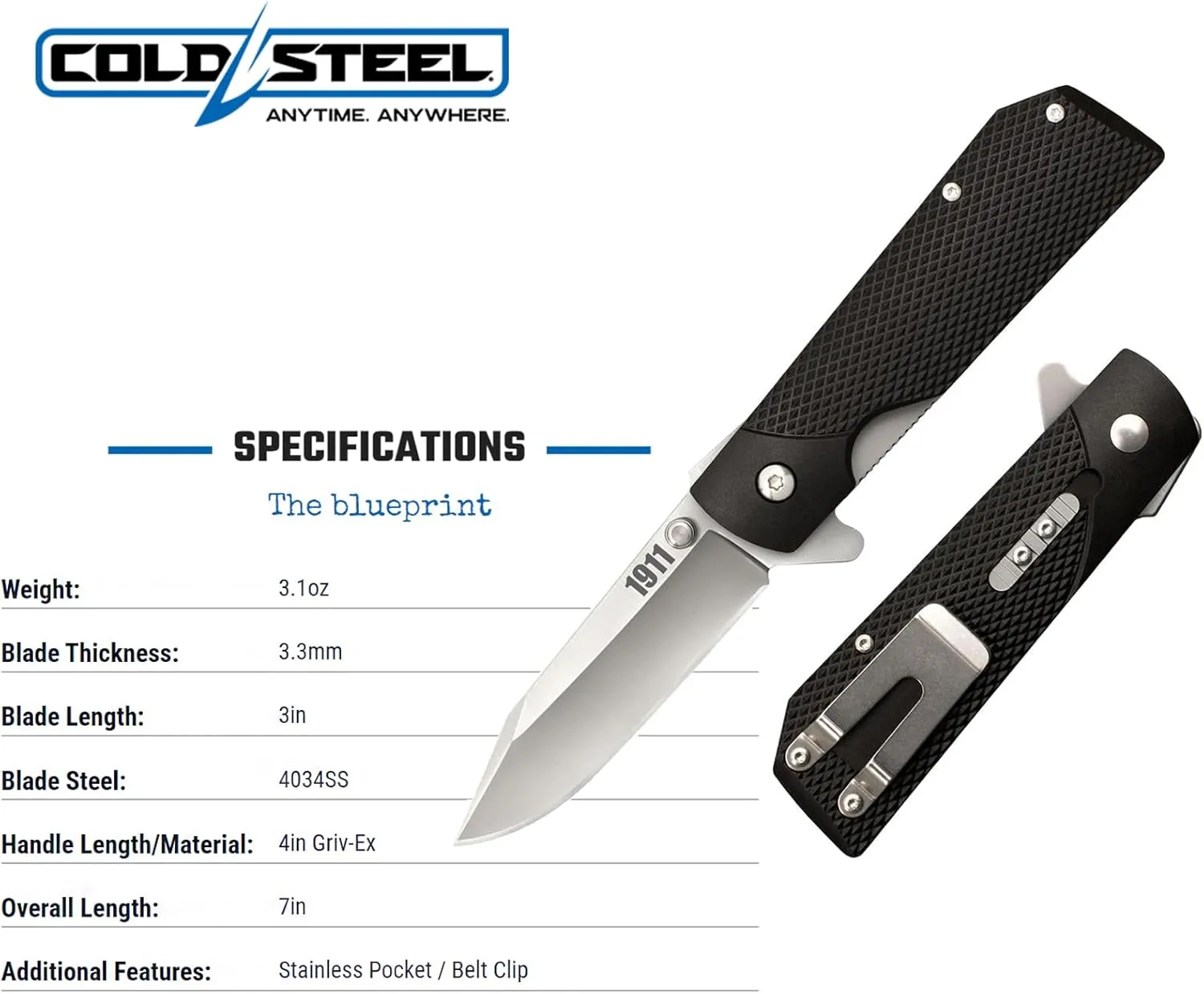 Cold Steel 1911 3" 4034SS Clip Point Razor-Sharp Blade 4" Griv-Ex Handle Everyday Carry Versatile Pocket Folding Knife w/Liner Lock