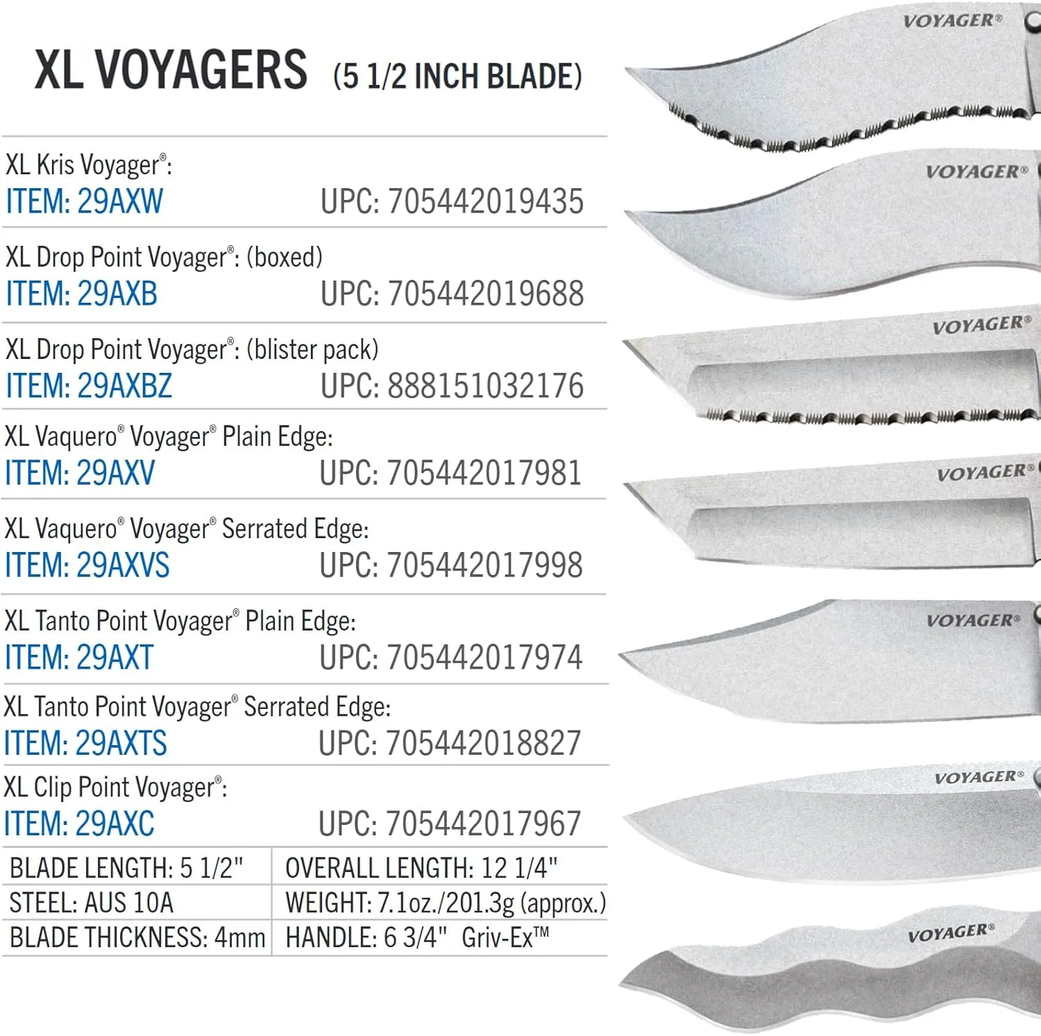 Cold Steel XL Voyager 5.5" AUS10A Drop Point Razor-Sharp Blade 6.75" Griv-Ex Handle Everyday Carry Tactical Folding Knife w/Tri-Ad Lock