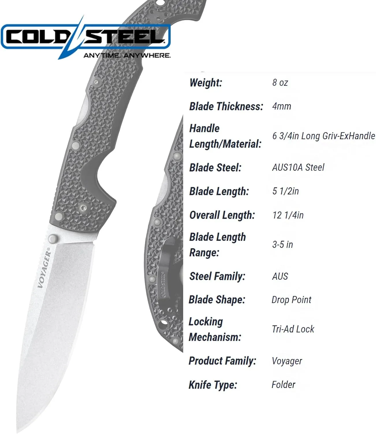 Cold Steel XL Voyager 5.5" AUS10A Drop Point Razor-Sharp Blade 6.75" Griv-Ex Handle Everyday Carry Tactical Folding Knife w/Tri-Ad Lock