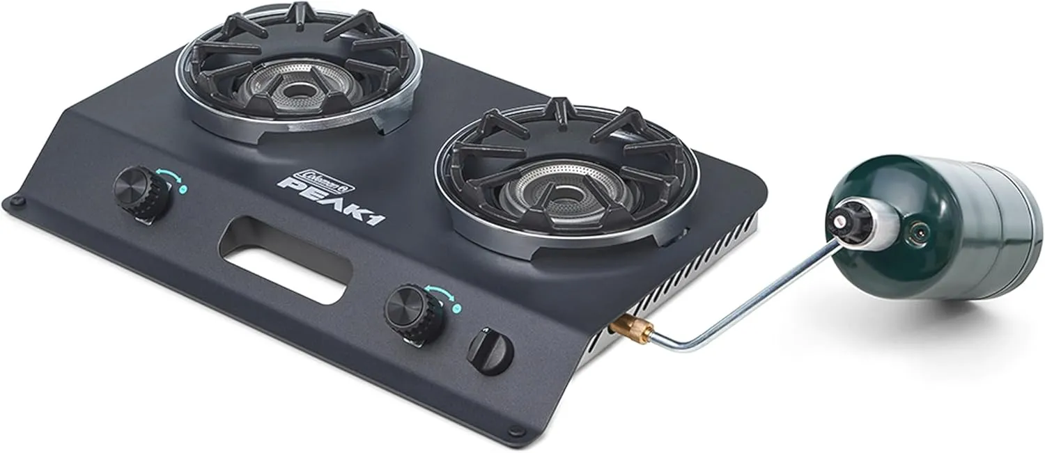 Coleman PEAK1 Portable 2-Burner Camping Stove, Matchless Lighting, Premium Cast Iron Grates, 20,000 BTUs Power, ideal for Camping, Tailgating, and Grilling