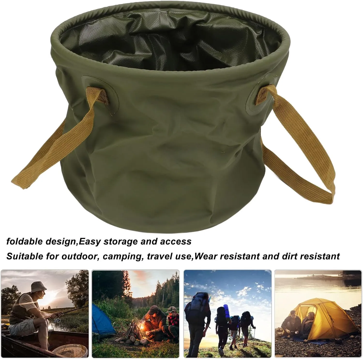Collapsible Bucket with Handle, Portable Camping Outdoor Bucket, Foldable Water Container for Camping Hiking Traveling Fishing (15L Army Green)