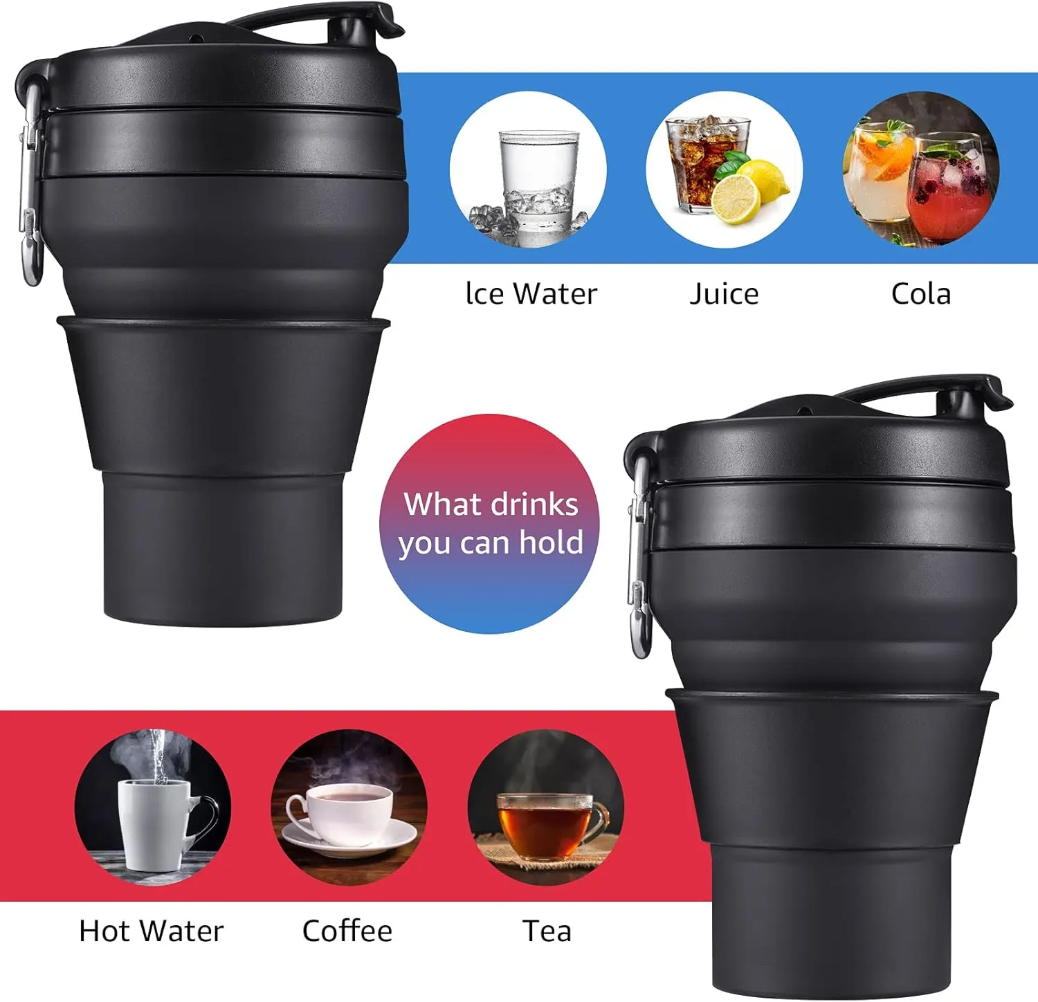 Collapsible Coffee Cup, 2 Pack 20 OZ 600ml Silicone Travel Folding Cup, Leak Proof BPA Free Portable Cup, Travel mug with Lids for Camping hiking (2 * 20OZ)