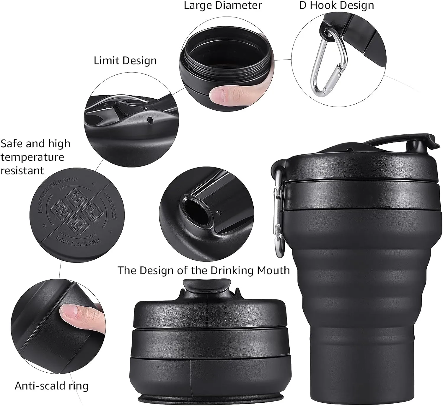 Collapsible Coffee Cup, 2 Pack 20 OZ 600ml Silicone Travel Folding Cup, Leak Proof BPA Free Portable Cup, Travel mug with Lids for Camping hiking (2 * 20OZ)