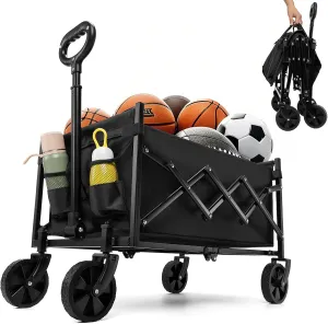 Collapsible Foldable Camping Cart, 200lbs Foldable Wagon Cart with Wheels, 150L Shopping Cart for Groceries Folding Utility Wagon for Beach, Garden, Camping, Sport, Black