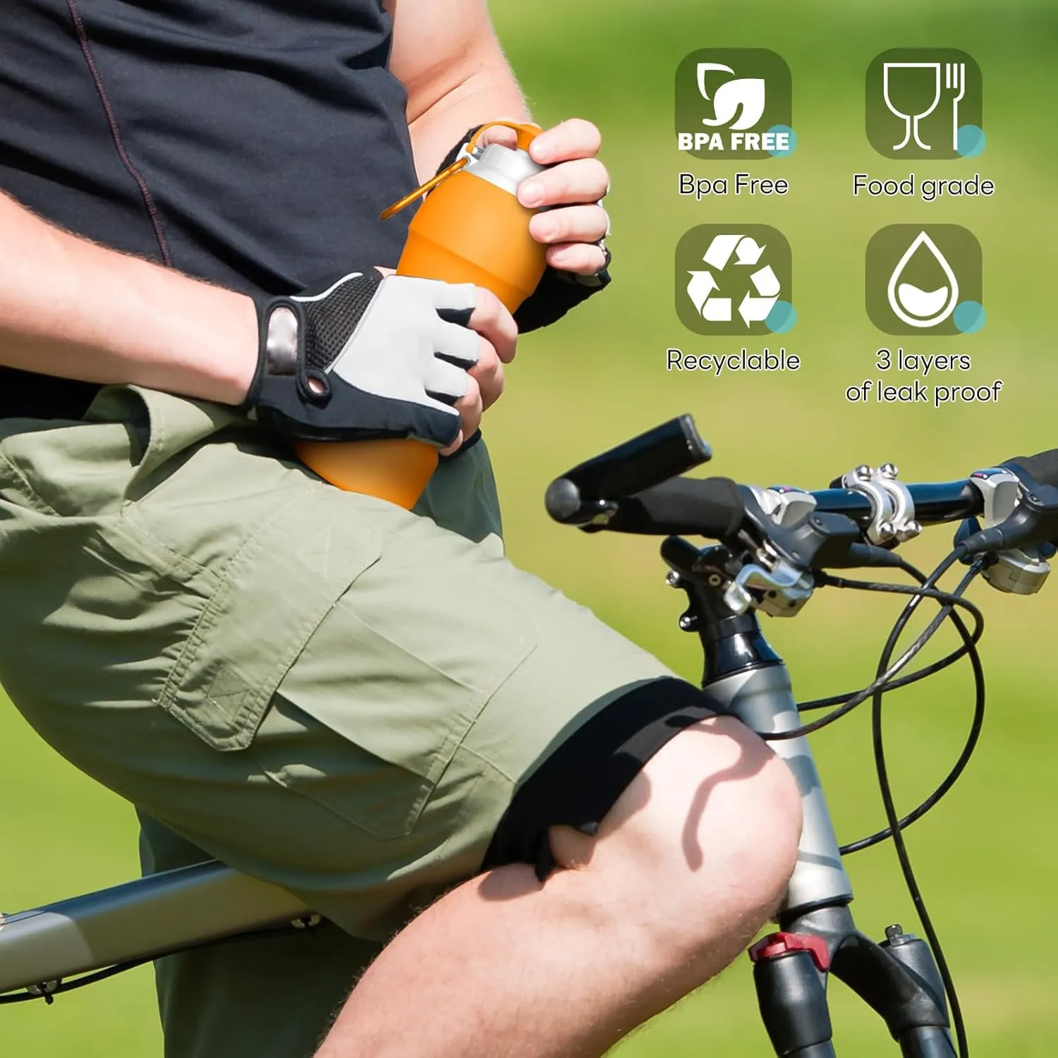 Collapsible Lightweight 20oz Water Bottle, Food-Grade Silicone BPA Free, Foldable Portable Leak Proof Office Travel Cycling Sports Outdoor Water Bottle with Vertical Hook (orange, Short nozzle)