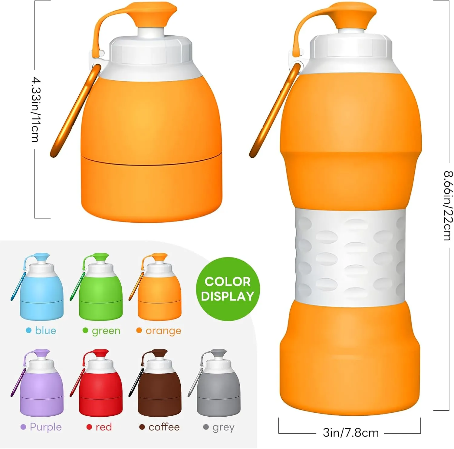 Collapsible Lightweight 20oz Water Bottle, Food-Grade Silicone BPA Free, Foldable Portable Leak Proof Office Travel Cycling Sports Outdoor Water Bottle with Vertical Hook (orange, Short nozzle)