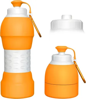 Collapsible Lightweight 20oz Water Bottle, Food-Grade Silicone BPA Free, Foldable Portable Leak Proof Office Travel Cycling Sports Outdoor Water Bottle with Vertical Hook (orange, Short nozzle)