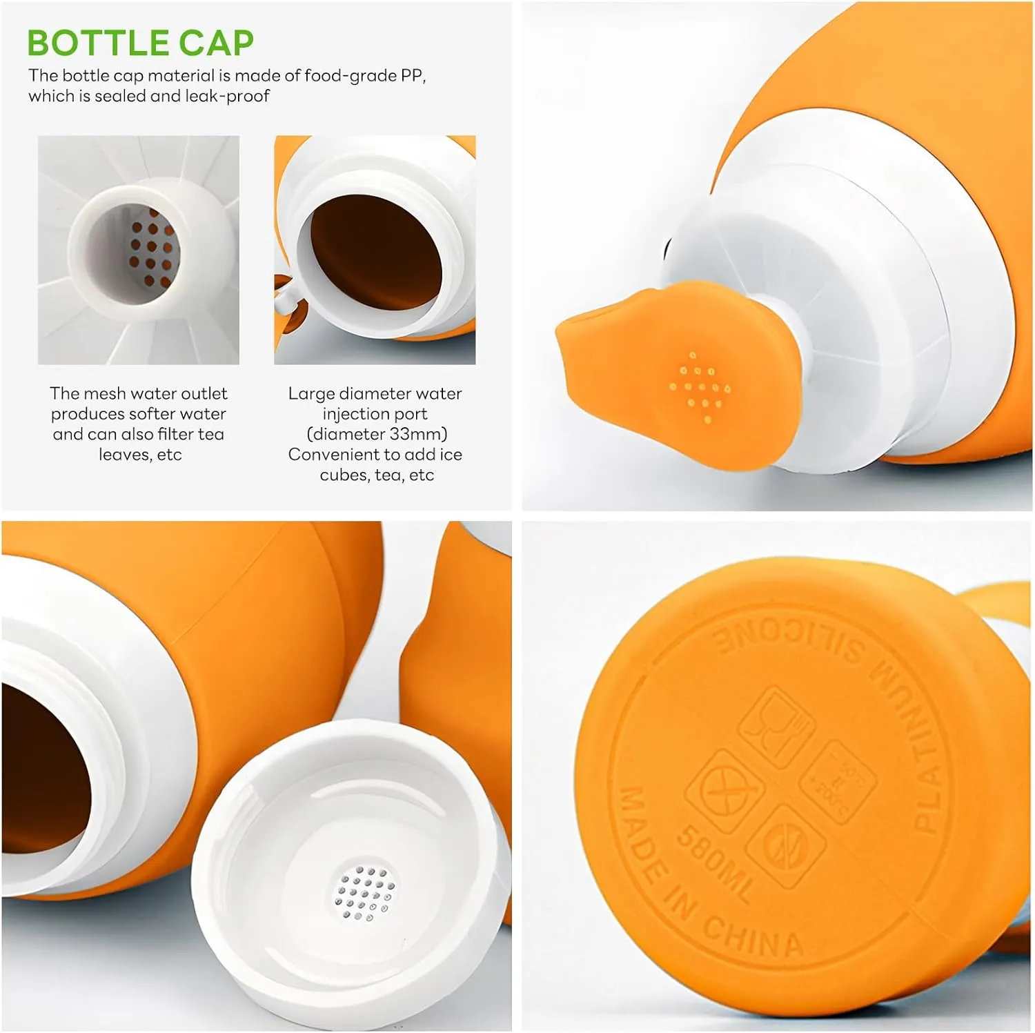 Collapsible Lightweight 20oz Water Bottle, Food-Grade Silicone BPA Free, Foldable Portable Leak Proof Office Travel Cycling Sports Outdoor Water Bottle with Vertical Hook (orange, Short nozzle)