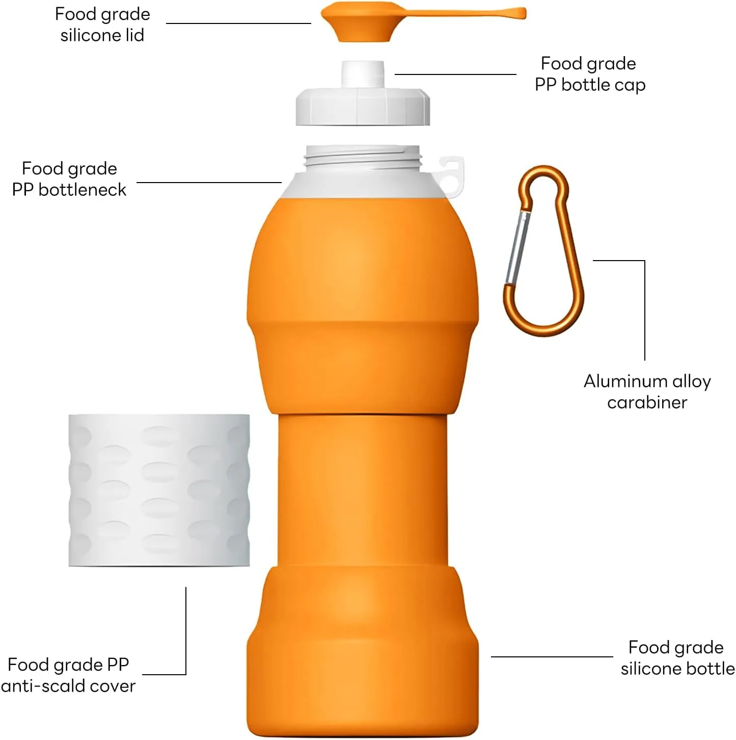 Collapsible Lightweight 20oz Water Bottle, Food-Grade Silicone BPA Free, Foldable Portable Leak Proof Office Travel Cycling Sports Outdoor Water Bottle with Vertical Hook (orange, Short nozzle)