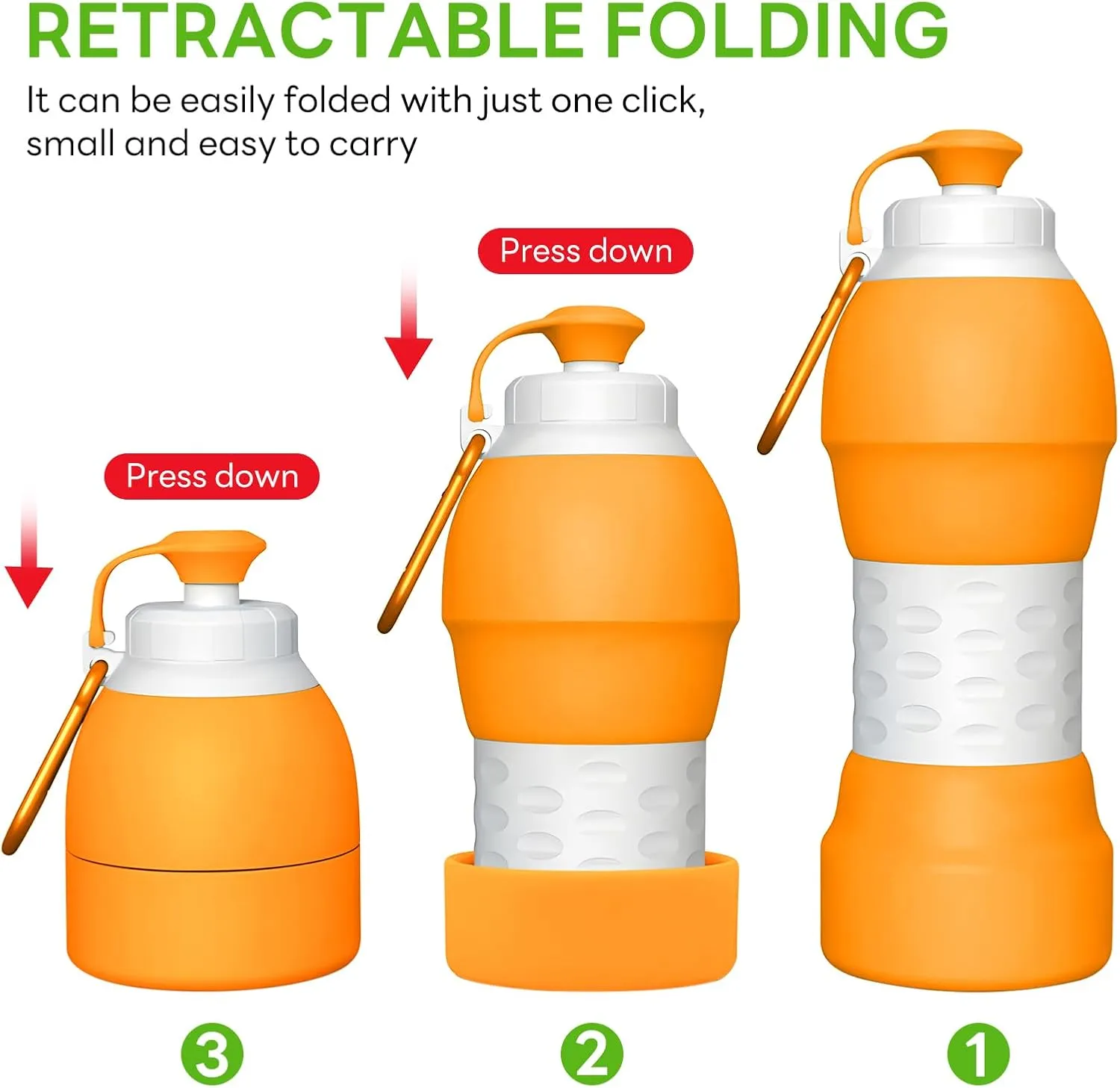 Collapsible Lightweight 20oz Water Bottle, Food-Grade Silicone BPA Free, Foldable Portable Leak Proof Office Travel Cycling Sports Outdoor Water Bottle with Vertical Hook (orange, Short nozzle)