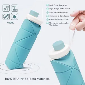 Collapsible Water Bottle, Silicone Foldable Water Bottles For Travel, Easy-To-Carry Design And Compact Size, BPA Free, 20 oz (Blue)